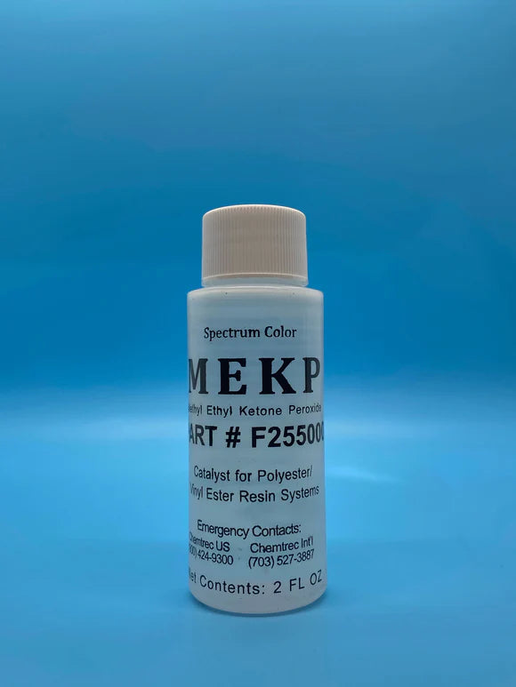 Bottle of gel coat catalyst hardener (MEKP) for polyester and vinyl ester resin systems, with a white cap and blue background.