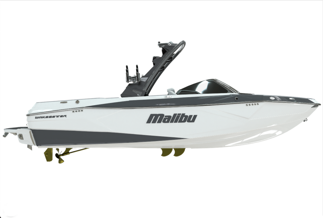 Malibu boat with a sleek design featuring the Malibu emblem prominently displayed on the side.