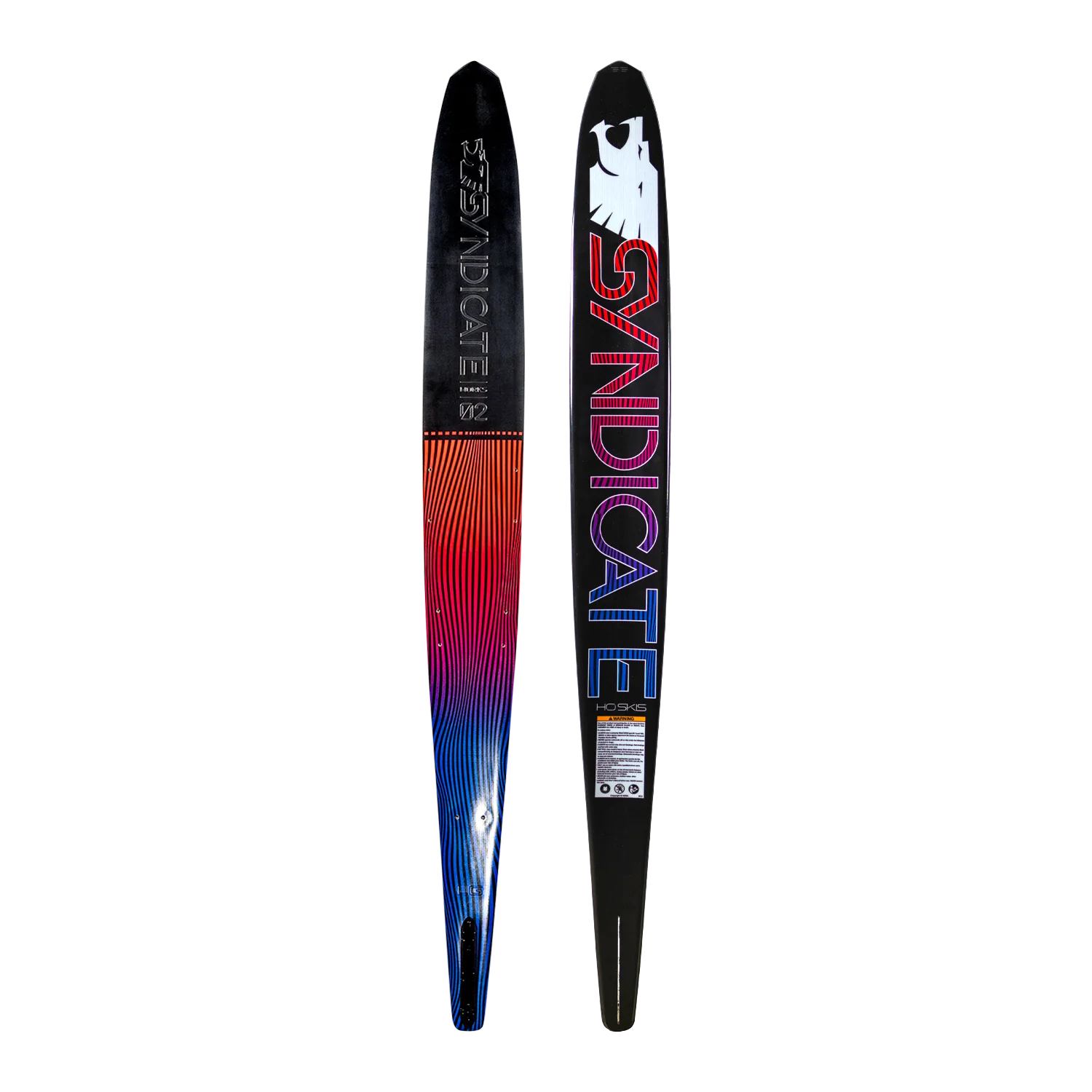 2025 HO Sports Syndicate Works 02 Waterski featuring a sleek black design with colorful gradient accents.