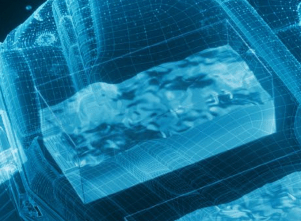 Digital rendering of the Starboard Rear Ballast Tank for AXIS A20, showing a transparent, grid-lined view of the tank&