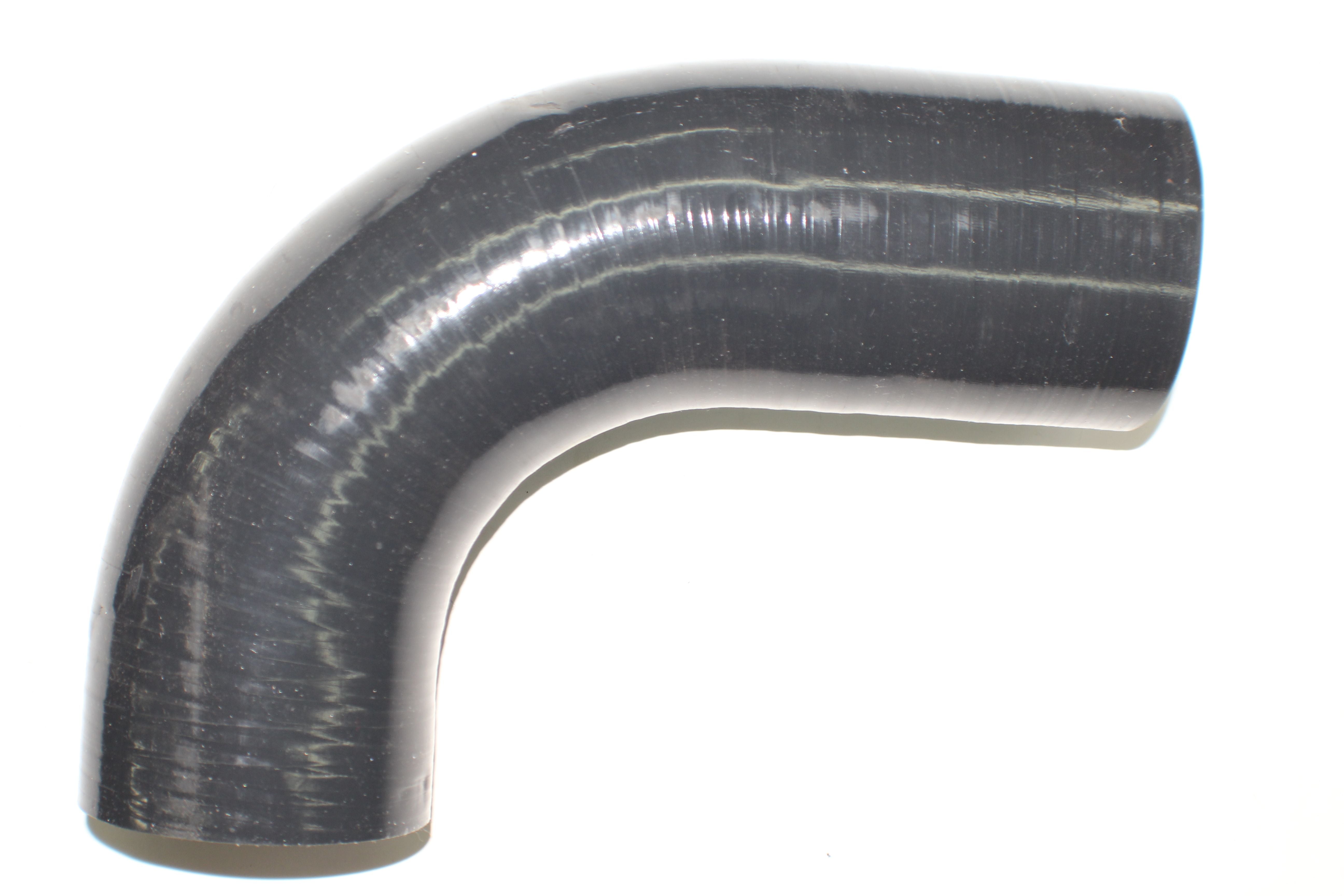 Black metal exhaust elbow pipe with a 90-degree bend, used in automotive exhaust systems.