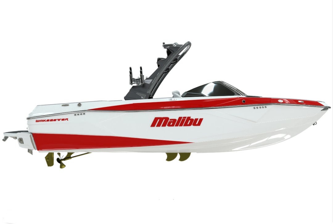 Malibu boat with a sleek design featuring a prominent Malibu emblem on the side, showcasing its sporty style.