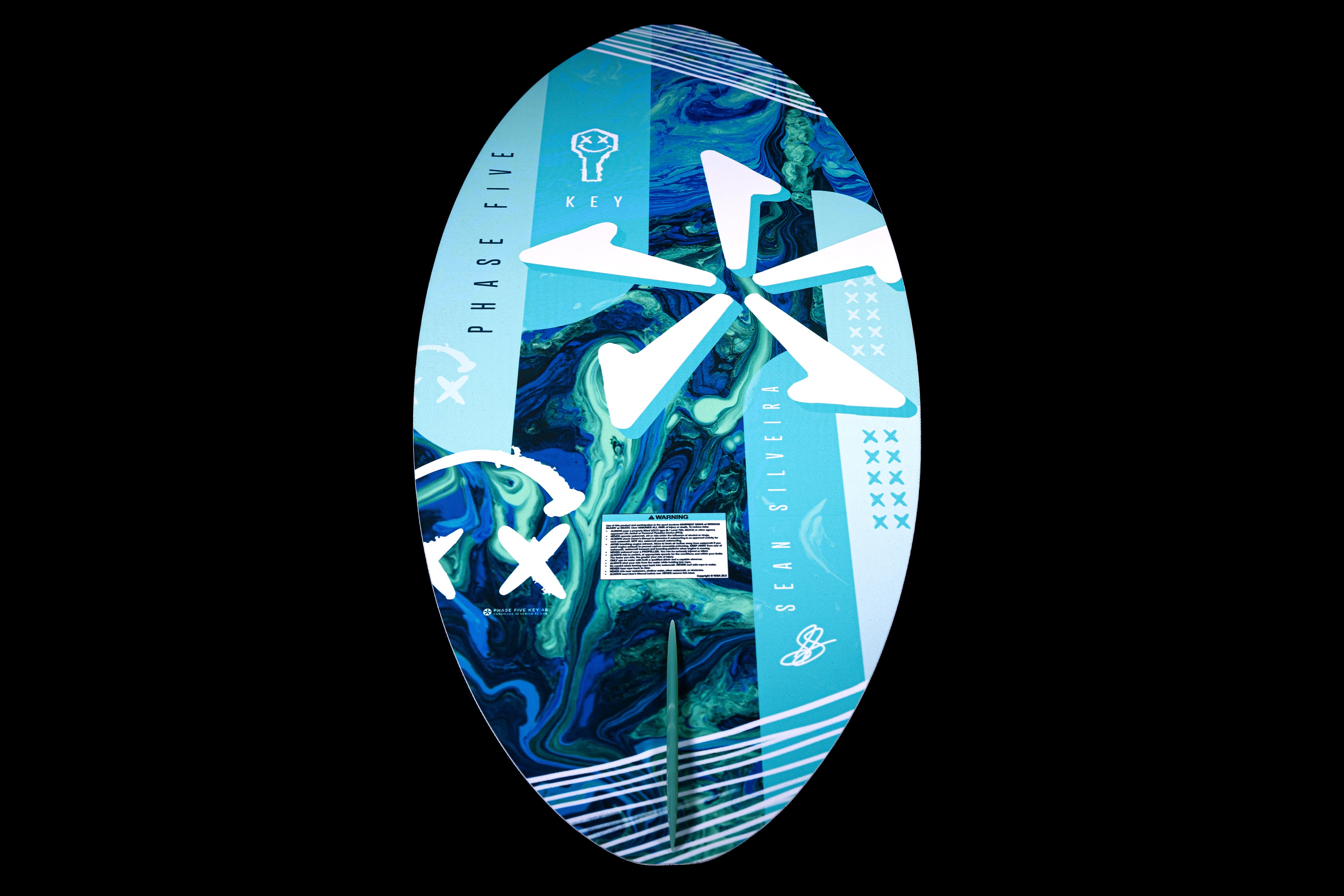 2025 Phase 5 Key skim board featuring a vibrant blue and green design with abstract patterns and logos.