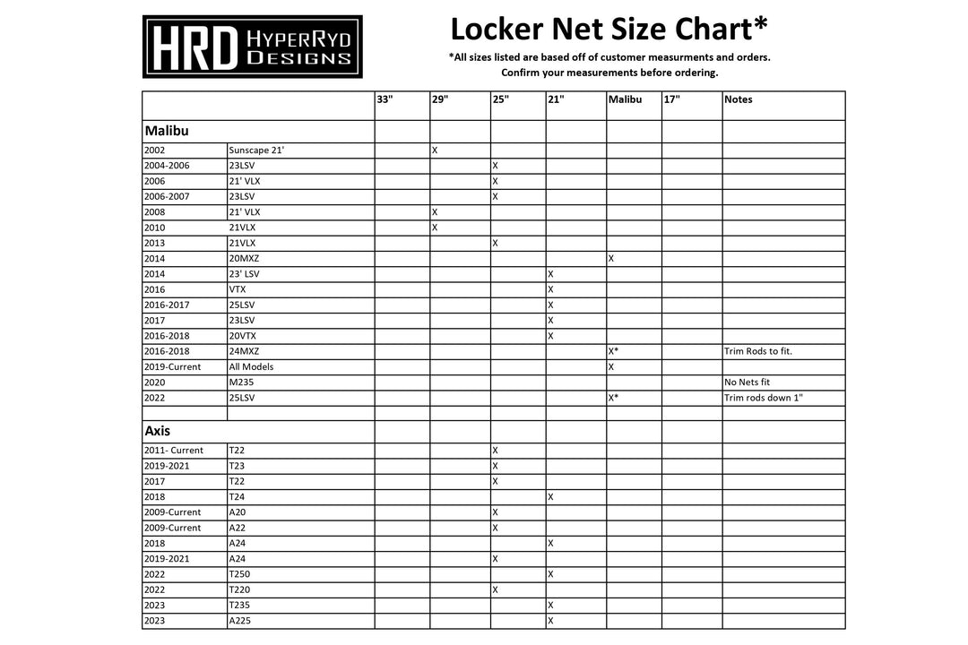 Pair of HRD Locker Nets with adjustable sizes, designed for various locker models, shown on size chart.