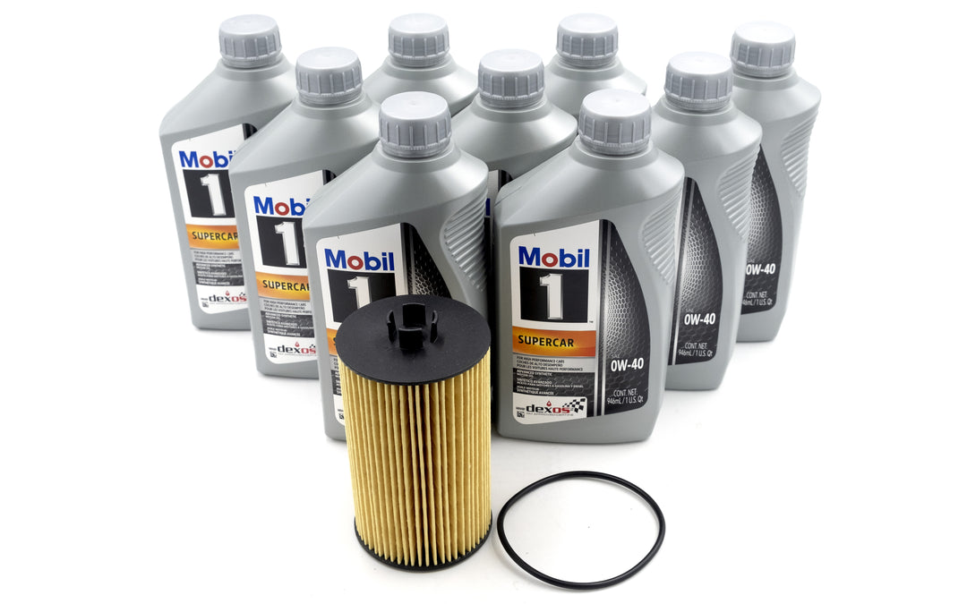 Eight bottles of Mobil 1 Supercar 0W-40 motor oil, a filter, and a rubber O-ring for Malibu LT4 oil service.