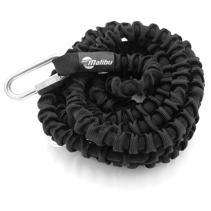 Black Malibu anchor bungee line with metal carabiner for secure anchoring and shock absorption.