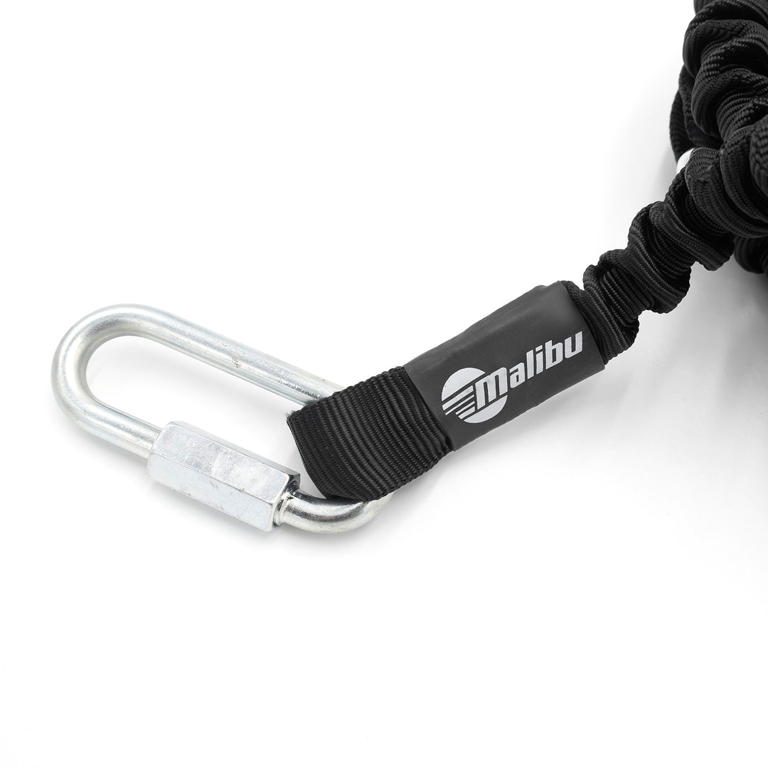 Anchor bungee line with metal hook and black elastic cord, branded with Malibu logo, used for securing or anchoring.