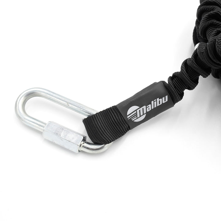 Anchor bungee line with metal hook and black elastic cord, branded with Malibu logo, used for securing or anchoring.