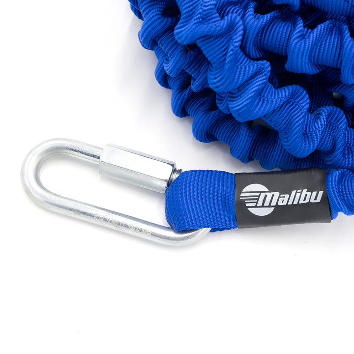 Blue Malibu anchor bungee line with metal hook and elastic cord for secure attachment and shock absorption.