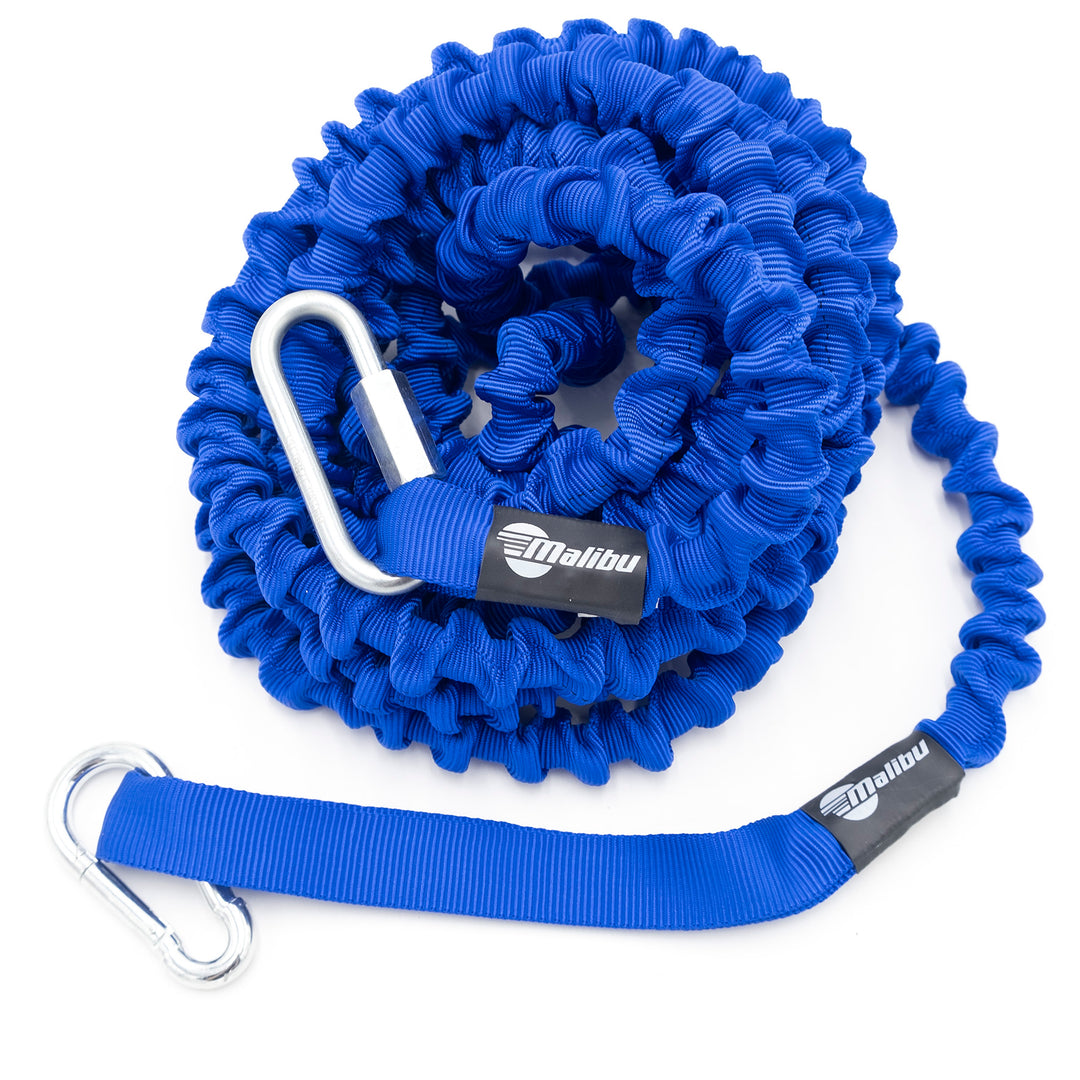 Blue anchor bungee line with metal hooks and Malibu branding, designed for secure anchoring and tensioning applications.