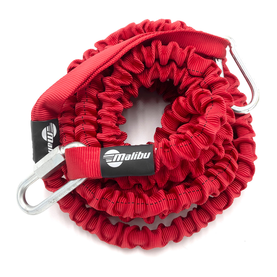 Red Malibu anchor bungee line with metal hooks, designed for secure anchoring and tensioning in outdoor activities.
