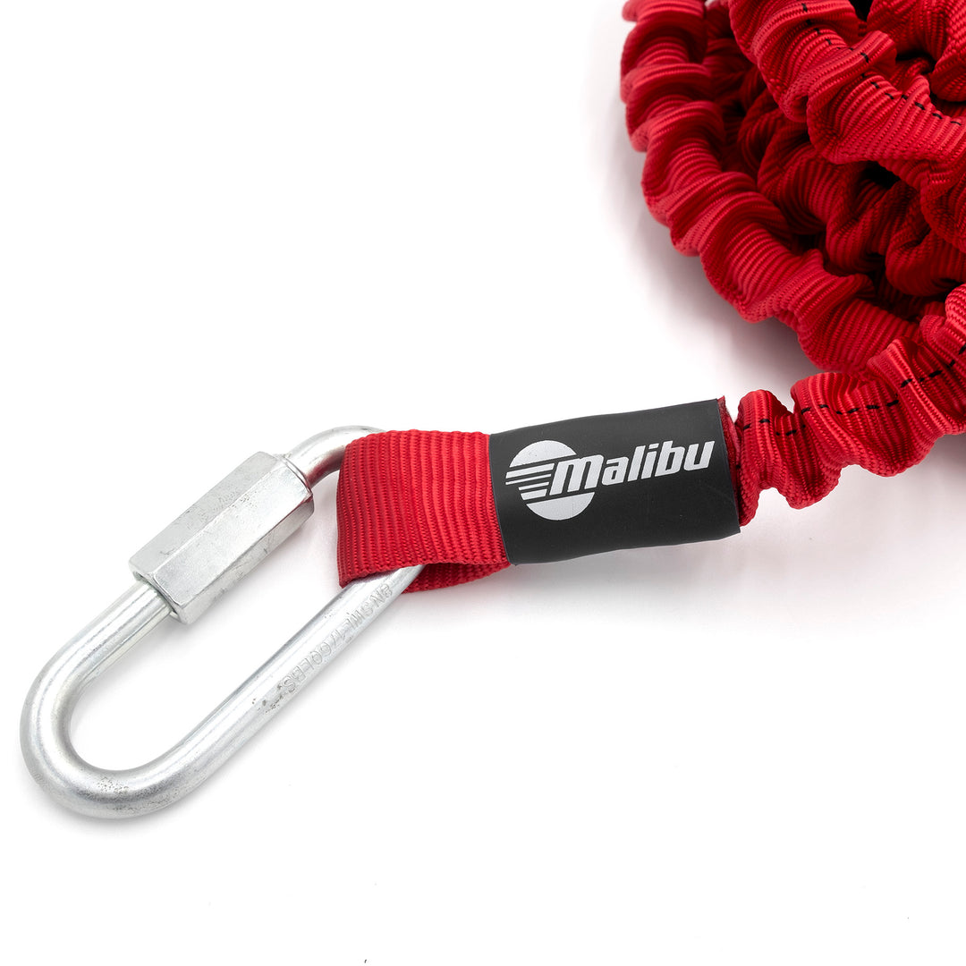 Red Malibu anchor bungee line with metal carabiner and black protective sleeve, used for secure anchoring and tensioning.