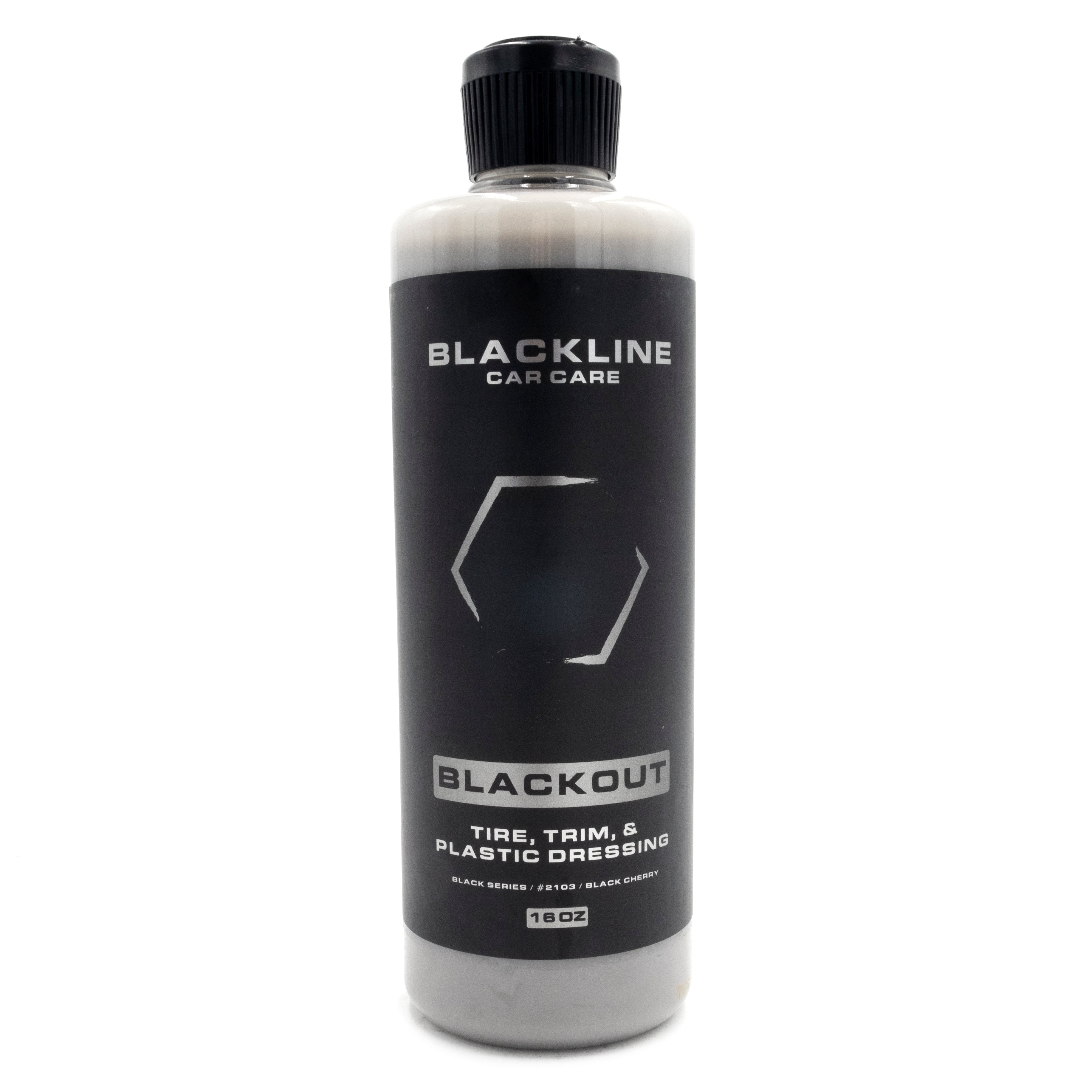 Blackline Blackout Tire, Trim & Plastic Dressing in a 16 oz bottle, enhances vehicle appearance with a sleek black finish.