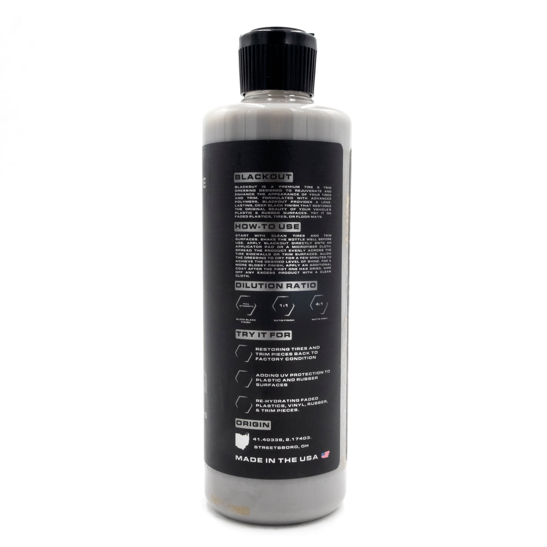Blackline Blackout Trim &amp; Tire Dressing bottle with black label, instructions, dilution ratios, and origin details.