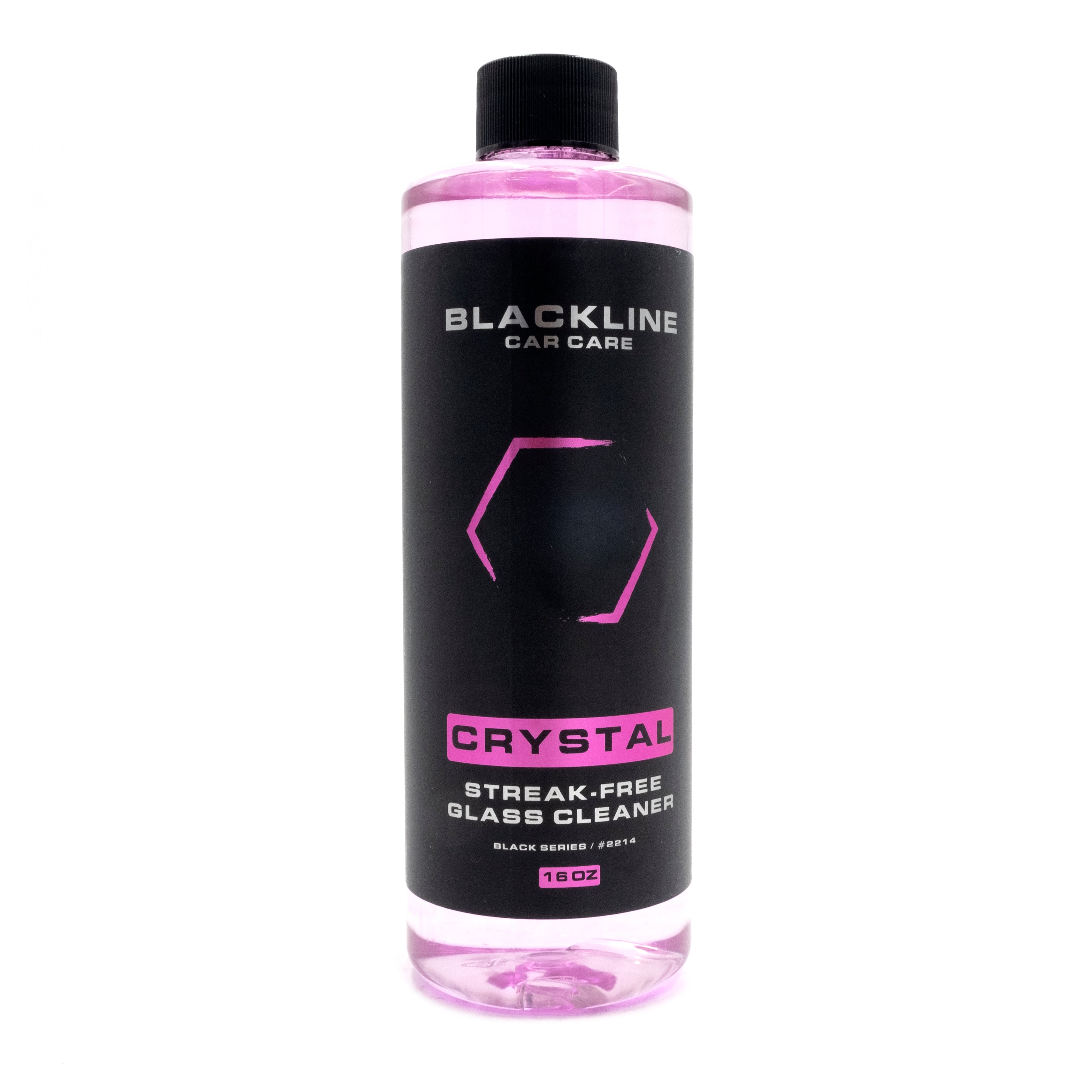 Blackline Crystal Glass Cleaner in a pink-tinted bottle, streak-free formula for cleaning glass surfaces effectively.
