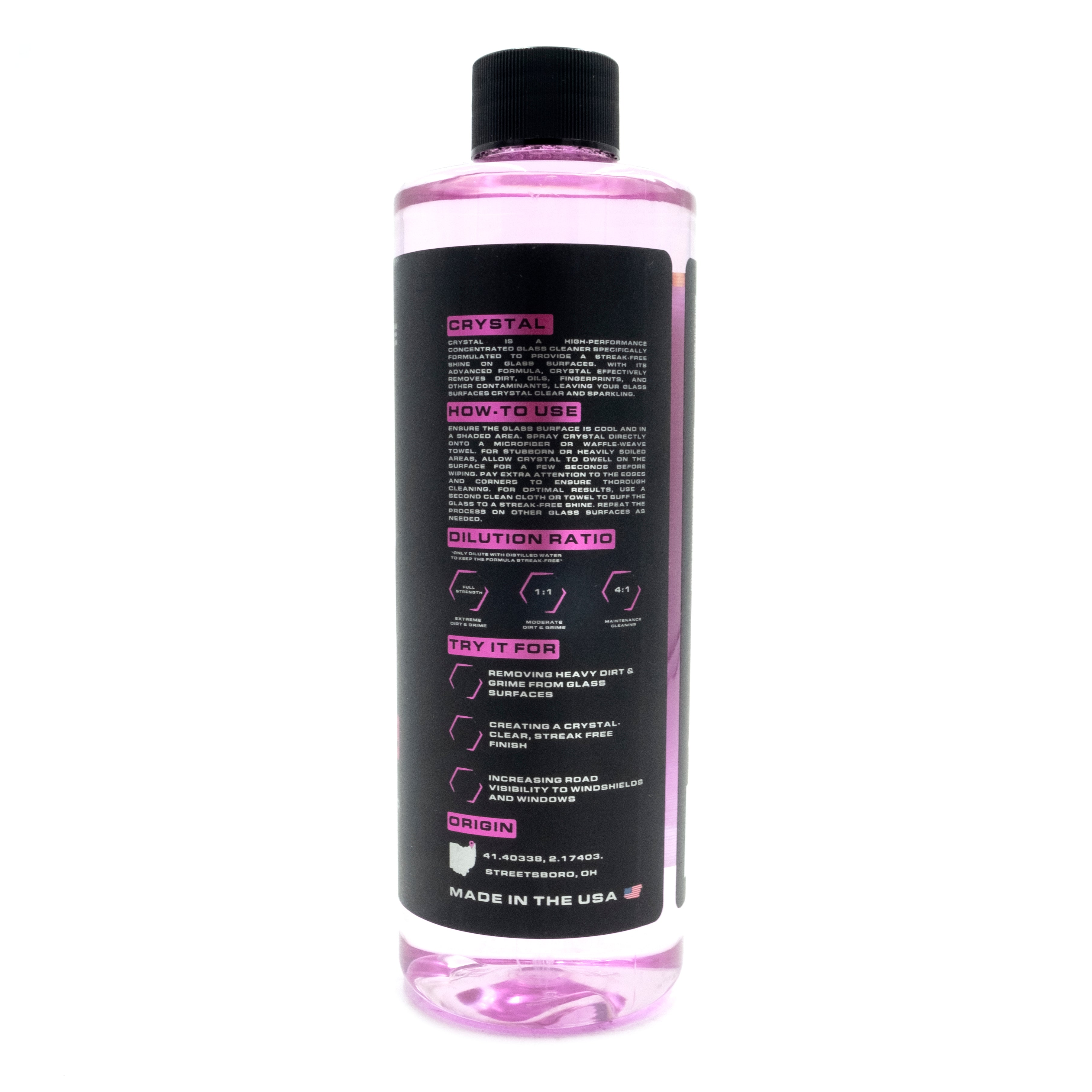 Blackline Crystal Glass Cleaner in a clear pink bottle with black label, designed for streak-free, sparkling glass surfaces.