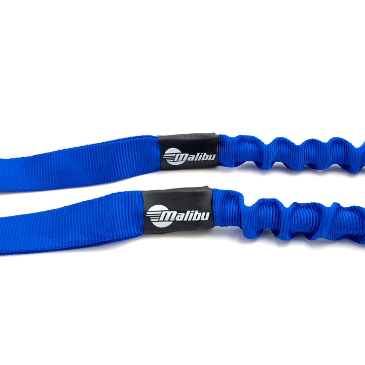 Two blue Malibu bungee dock lines with loop ends and black Malibu branding, designed for watercraft docking.