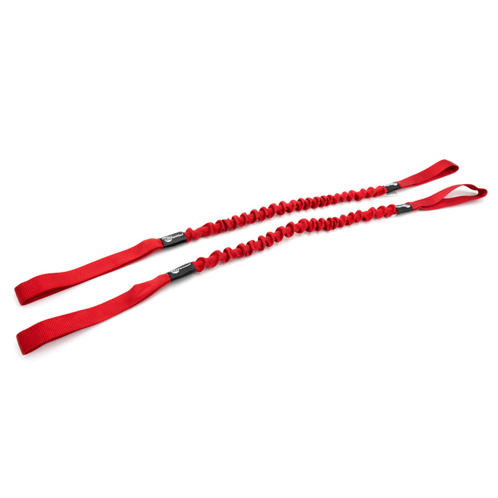 Pair of red Malibu Bungee Dock Lines with loop ends, designed for secure boat docking and water activities.