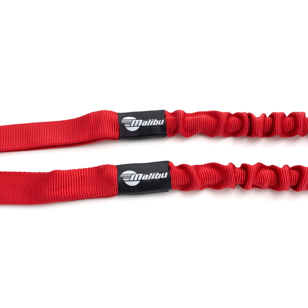 Two red Malibu bungee dock lines with loop ends and black Malibu logo tags, designed for secure boat docking.