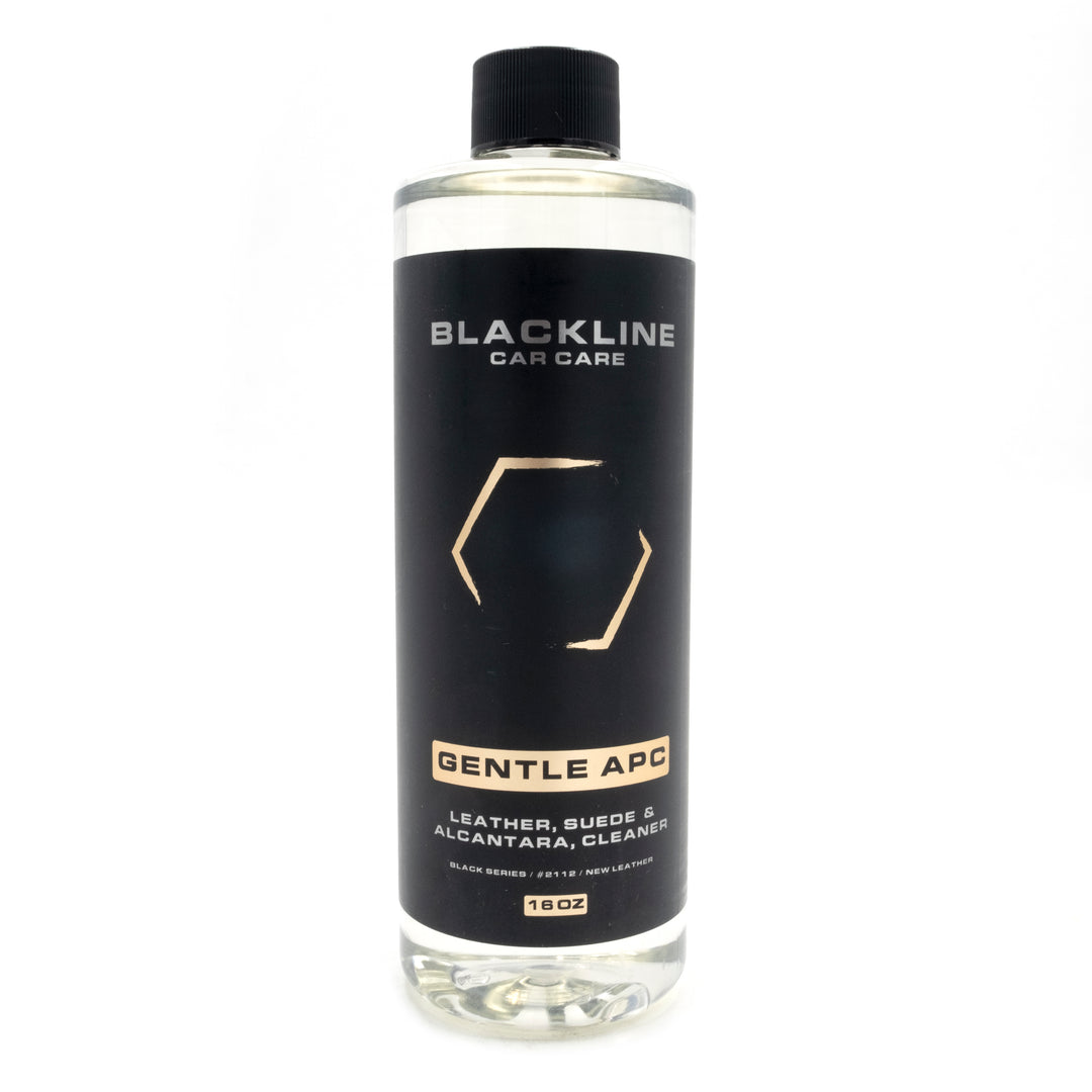 Bottle of Blackline Gentle APC leather, suede, and Alcantara cleaner with black label and black cap.