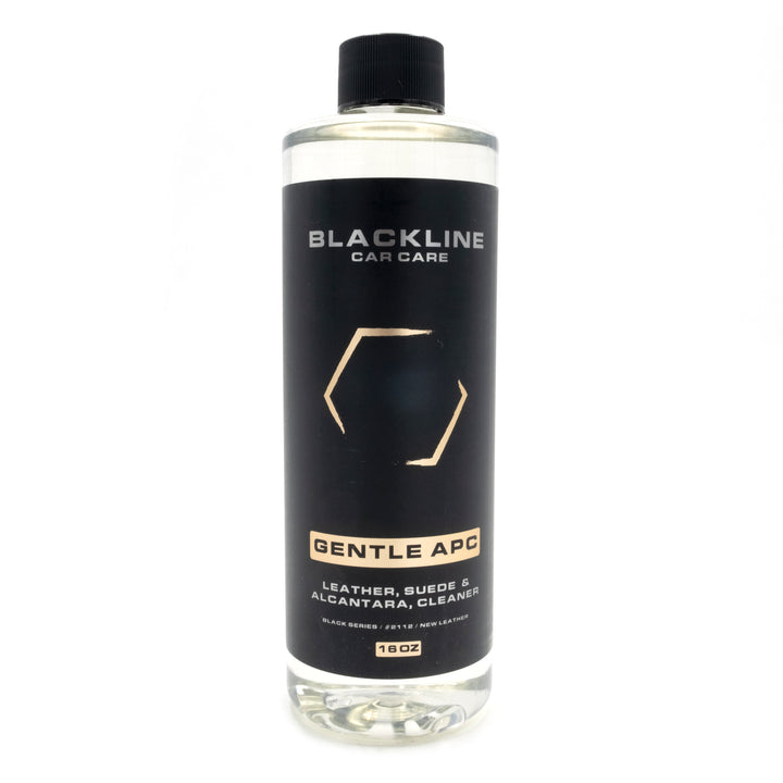 Bottle of Blackline Gentle APC leather, suede, and Alcantara cleaner with black label and black cap.