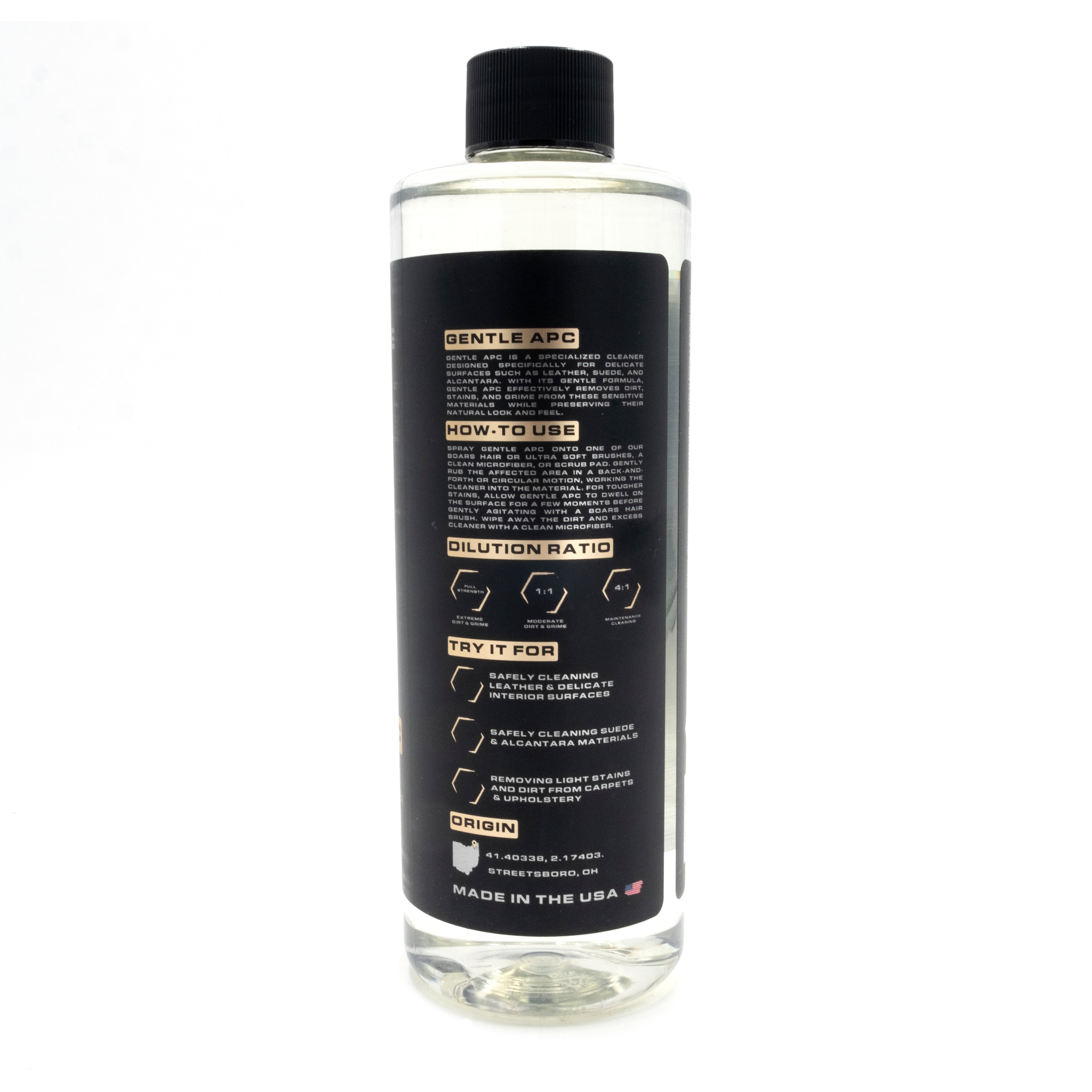 Bottle of Blackline Gentle APC cleaner for delicate surfaces, with instructions for use and dilution ratios on the label.
