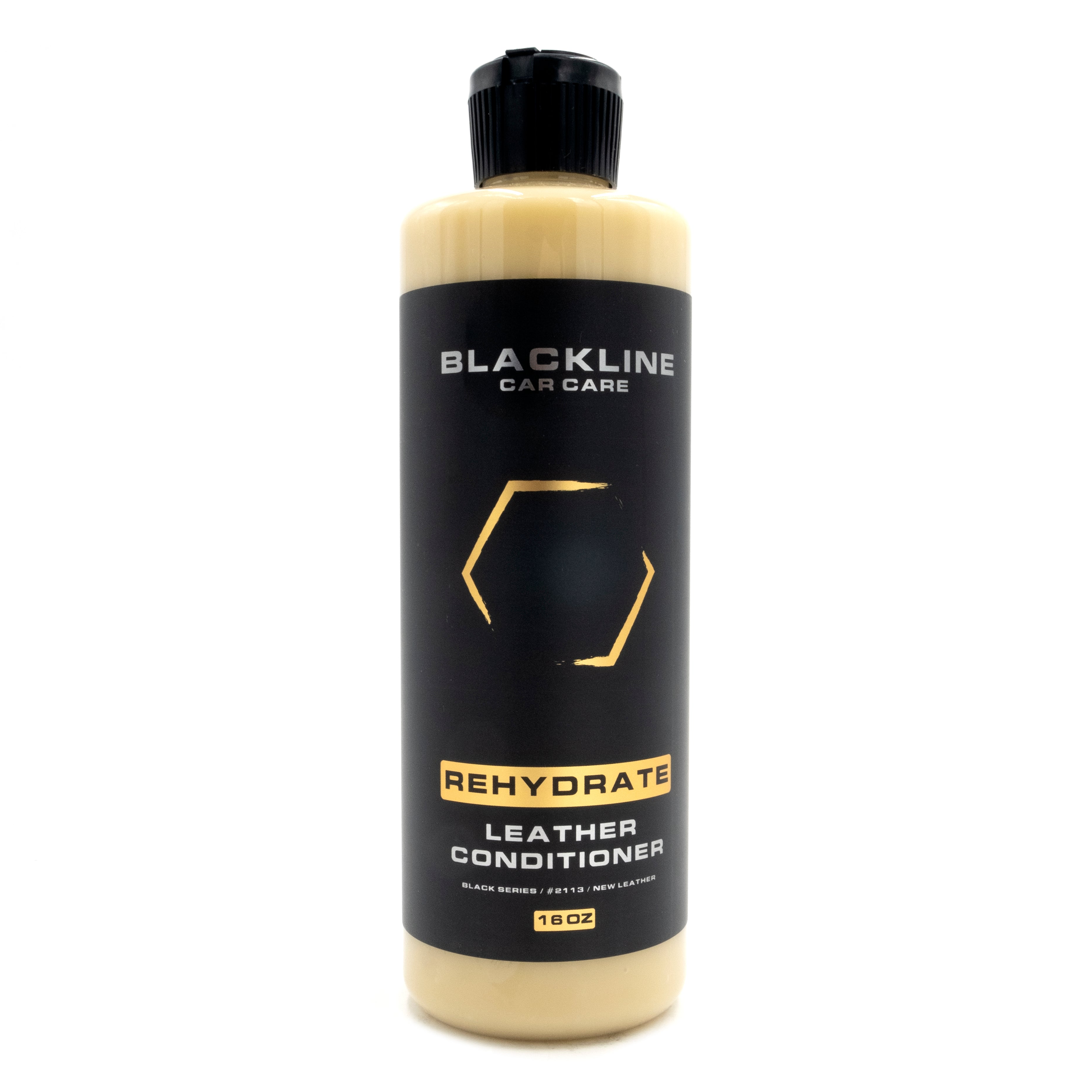 Blackline Rehydrate Leather Conditioner in a 16 oz bottle, designed to nourish and restore leather with a sleek black and beige label.