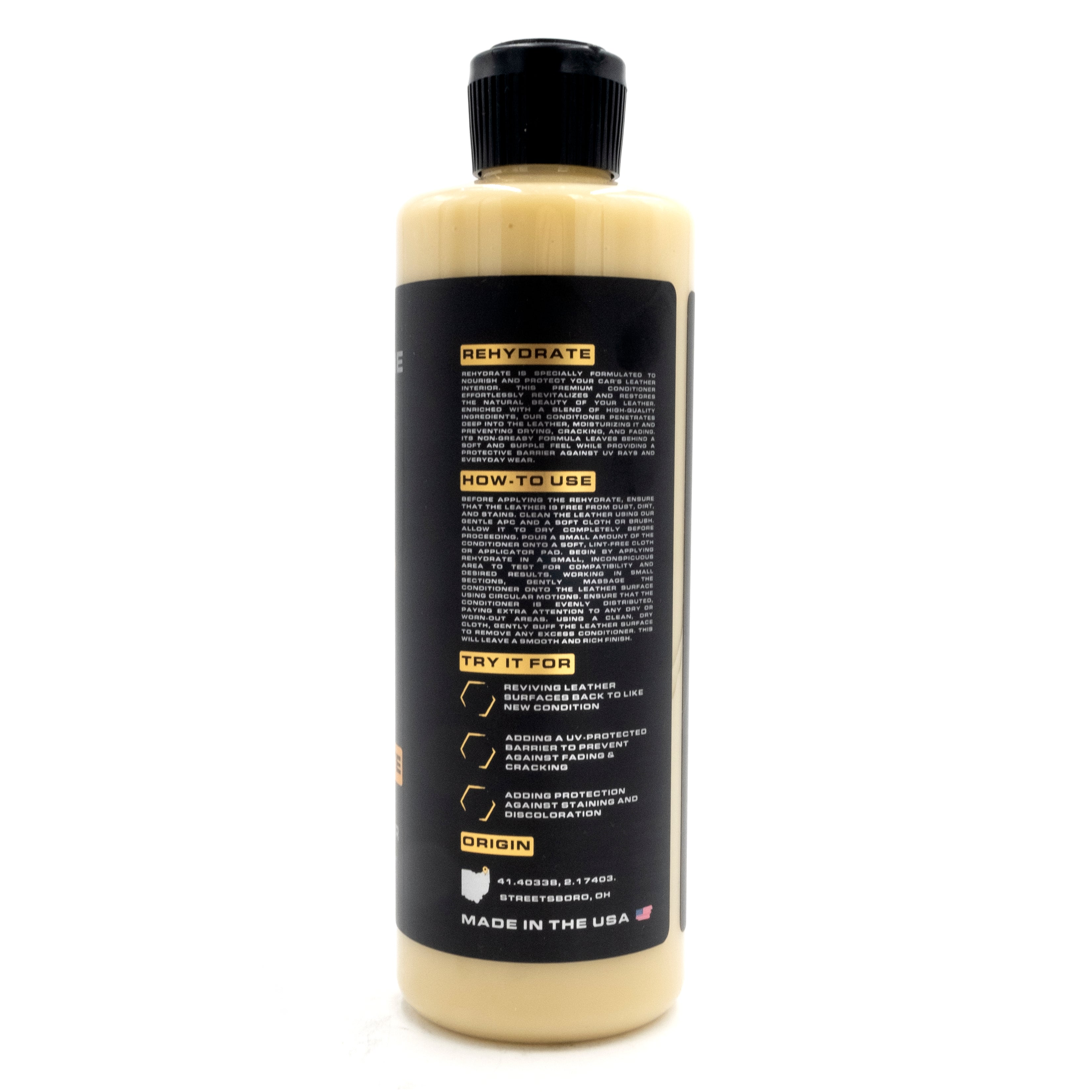Blackline Rehydrate Leather Conditioner bottle, a cream-colored liquid in a black label bottle for restoring and protecting leather.