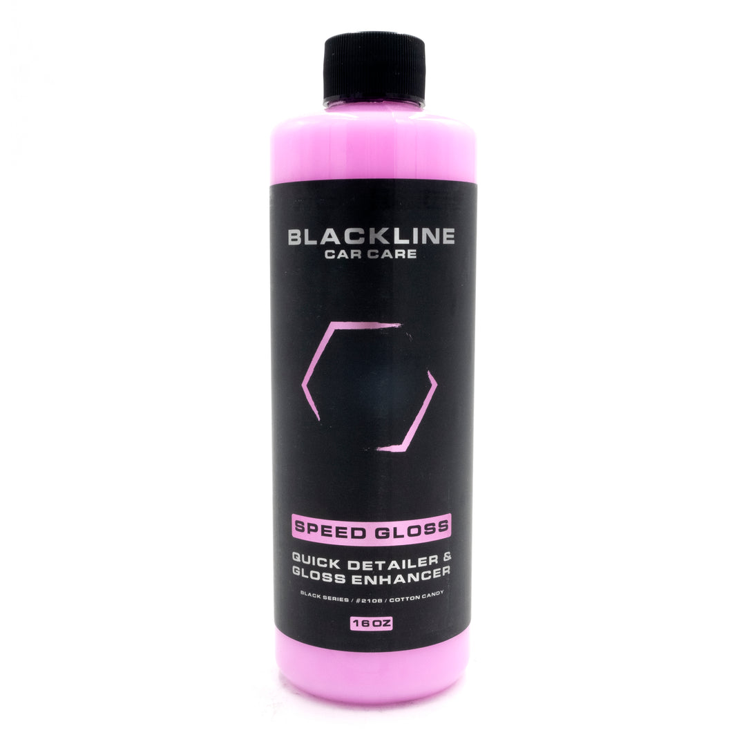Blackline Speed Gloss Quick Detailer and Gloss Enhancer in a pink bottle with black label, designed for car care and shine.