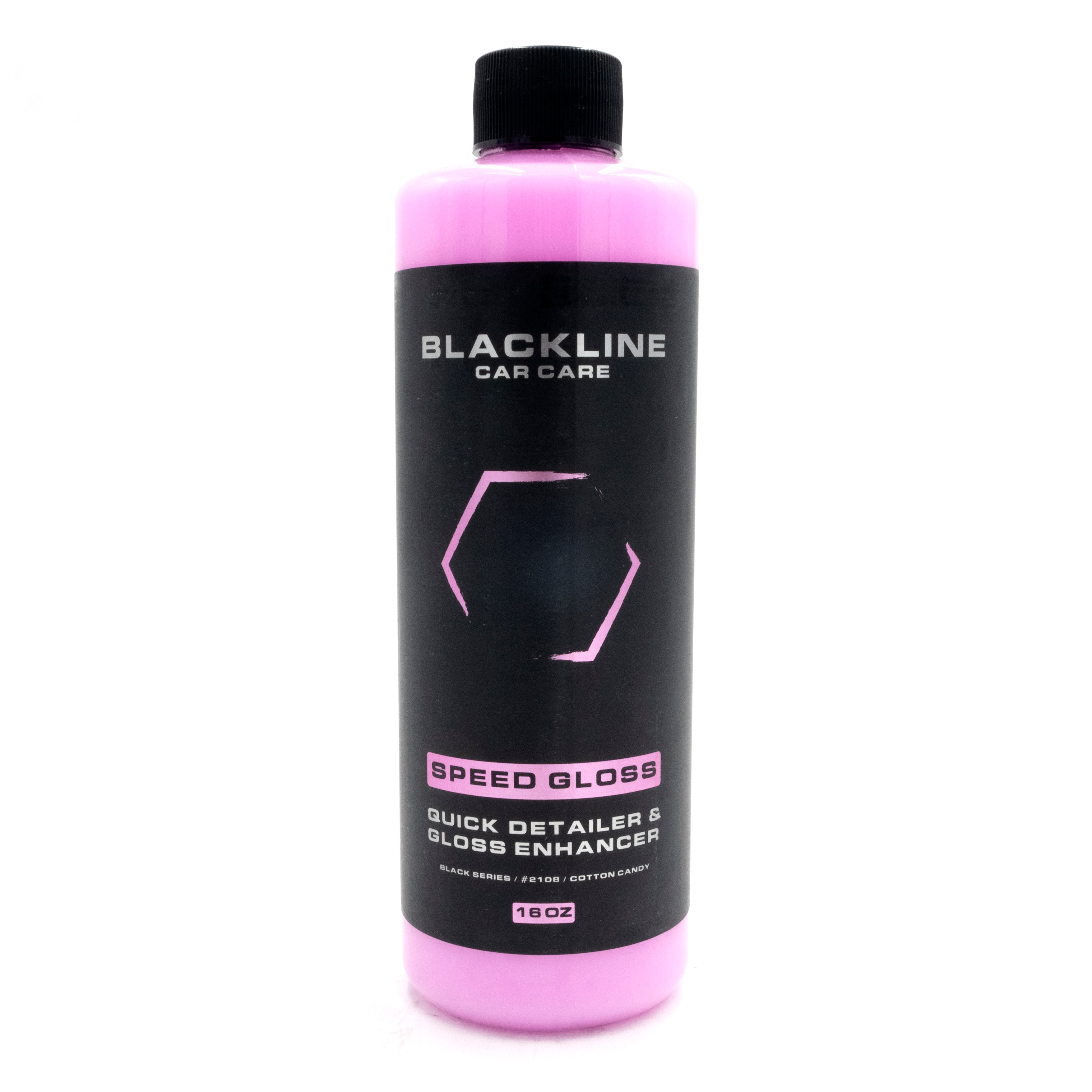 Blackline Speed Gloss Quick Detailer and Gloss Enhancer in a pink bottle with black label, designed for car care and shine.