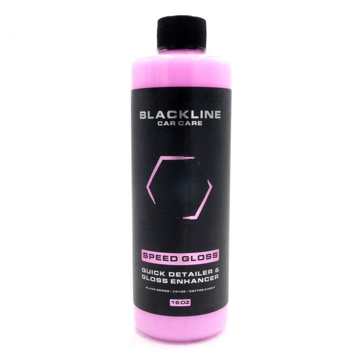 Blackline Speed Gloss Quick Detailer and Gloss Enhancer in a pink bottle with black label, designed for car care and shine.