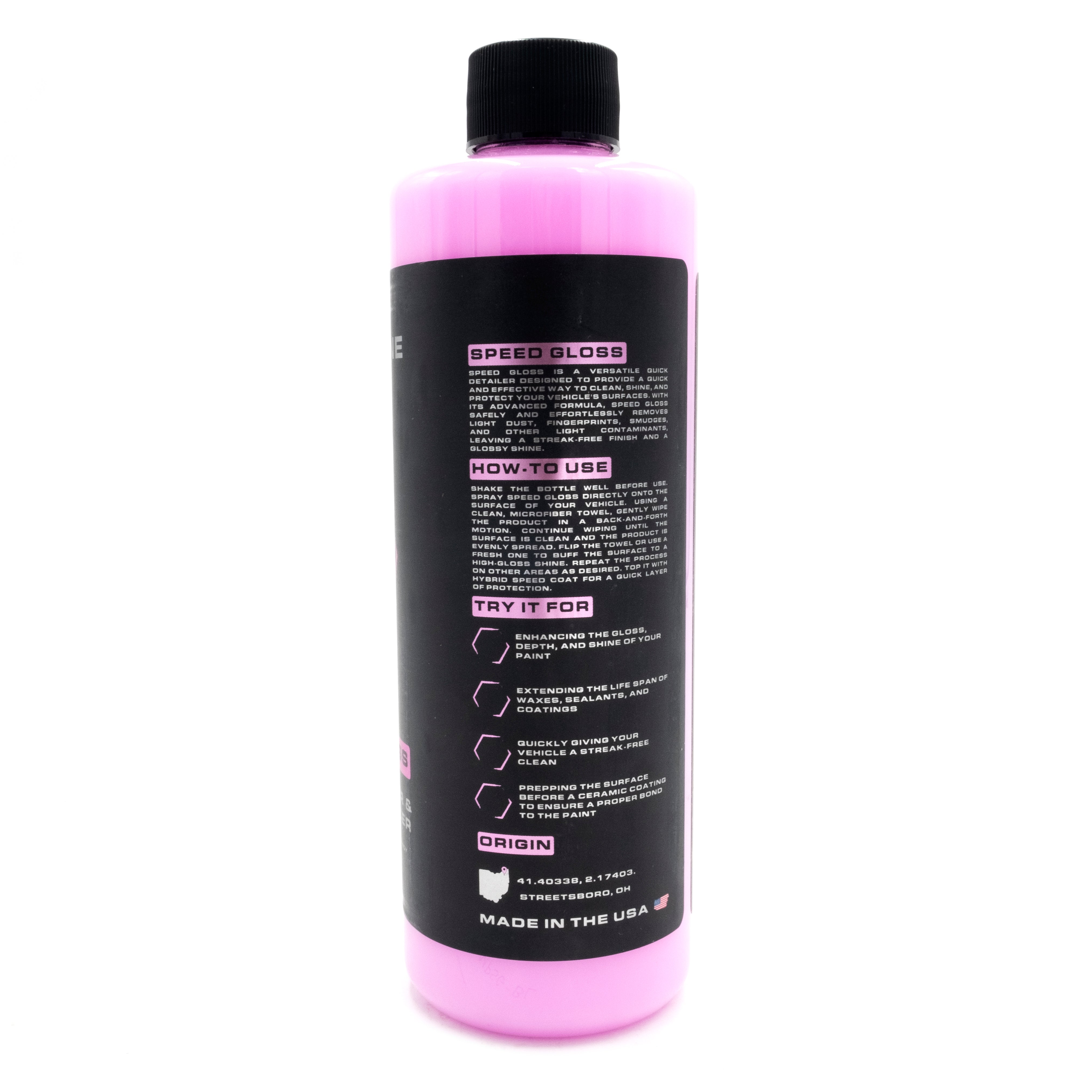 Blackline Speed Gloss Quick Detailer bottle with black label, pink cap, and product instructions for fast vehicle gloss enhancement.
