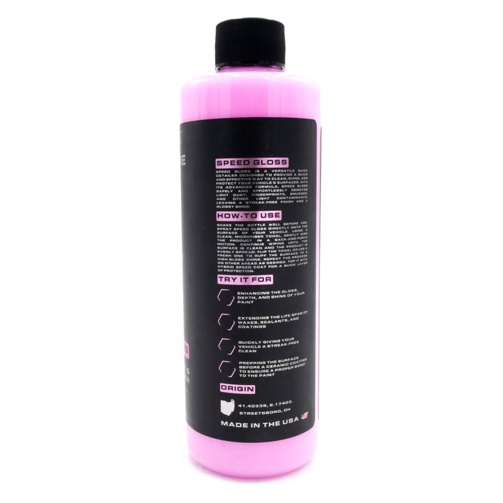 Blackline Speed Gloss Quick Detailer bottle with black label, pink cap, and product instructions for fast vehicle gloss enhancement.