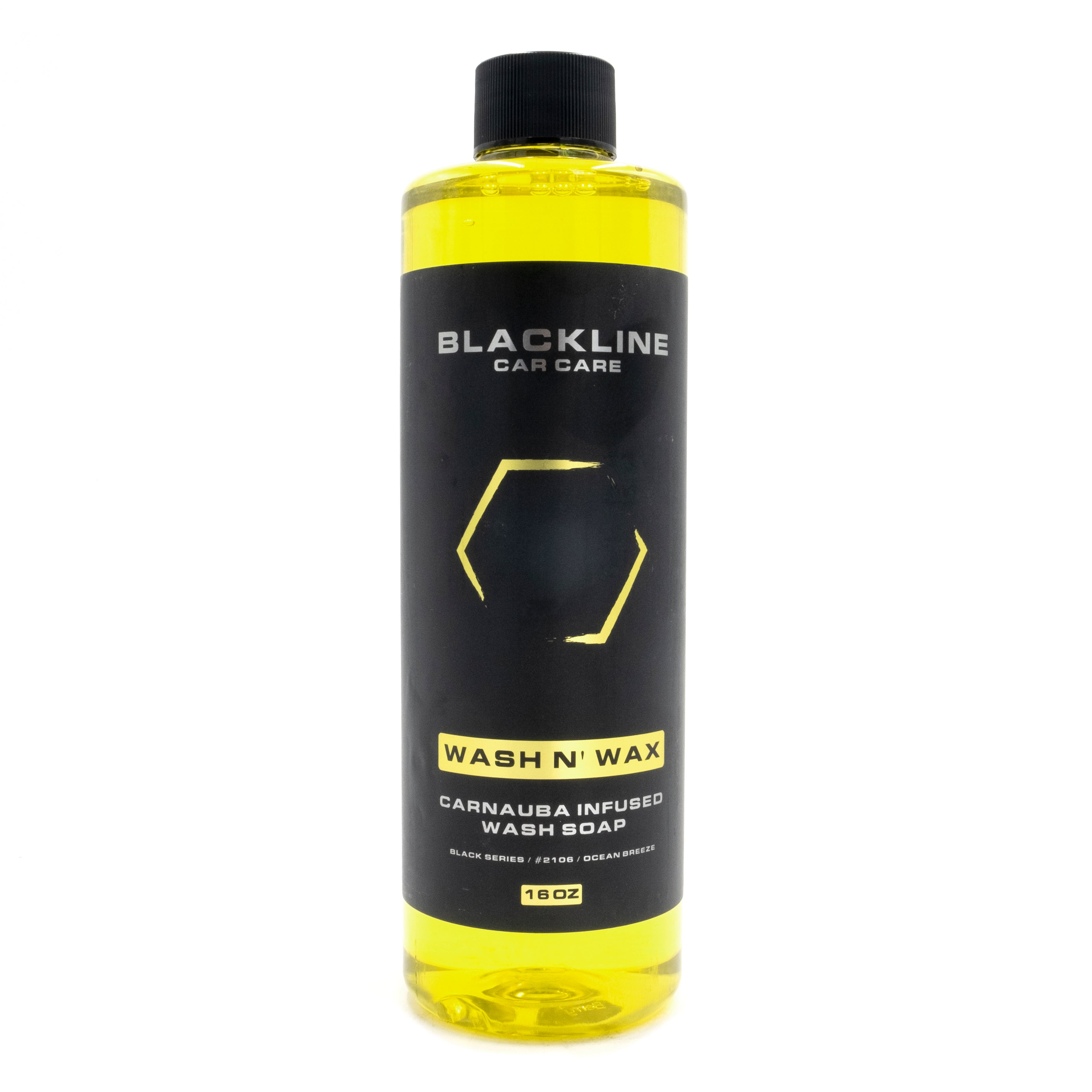 Bottle of Blackline Wash N' Wax car wash soap with black and yellow label, infused with carnauba wax, 16 oz.