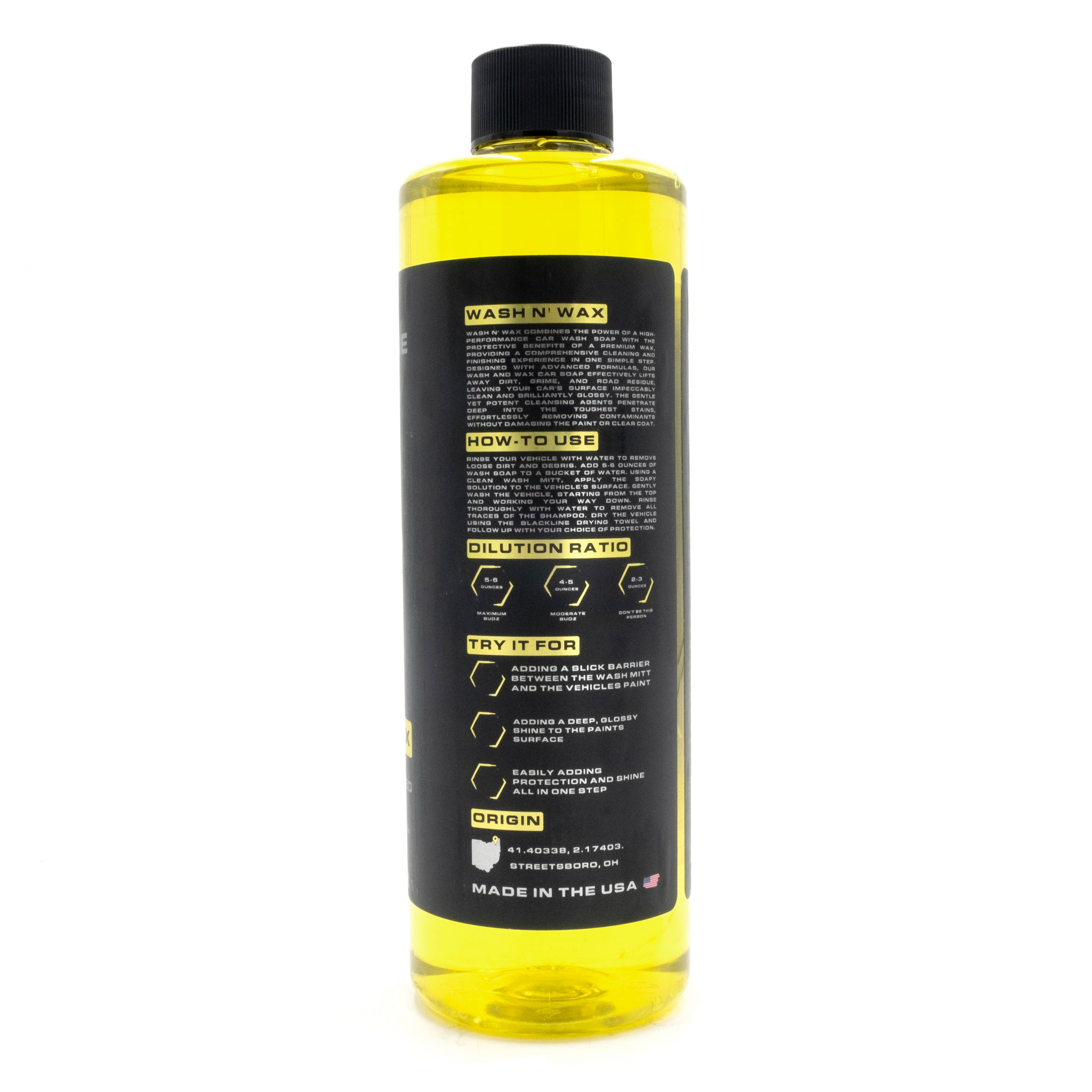 Blackline-Wash N' Wax car wash and wax solution in a yellow bottle with black label and cap, featuring usage instructions and details.