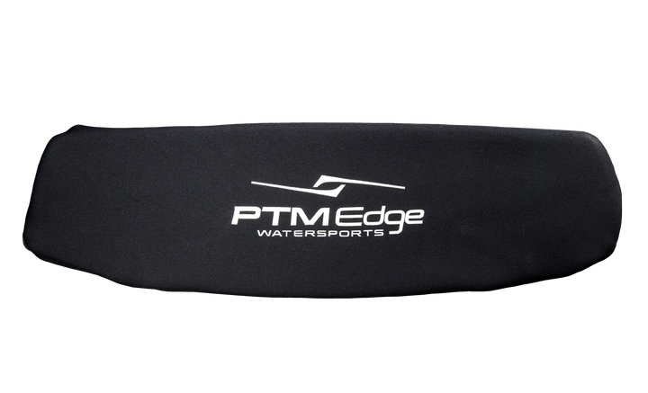 Black PTM Edge Watersports mirror sock with white logo and text, designed for Malibu, Axis Pro, and Elite mirrors.