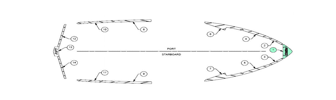 Technical schematic of a 2019-2020 Wakesetter 25 LSV deck track, showing detailed top and side views with numbered placement markers for parts and assembly on the port and starboard sides.