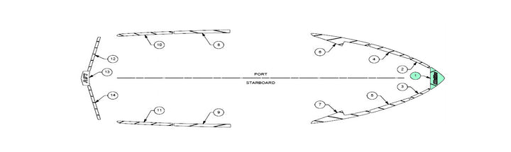 Technical schematic of a 2019-2020 Wakesetter 25 LSV deck track, showing detailed top and side views with numbered placement markers for parts and assembly on the port and starboard sides.