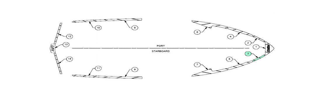 Alt text: Technical schematic for the 2019-2020 Wakesetter 25 LSV deck track layout showing labeled parts for port and starboard sides, and top-down deck views with numerical annotations for component identification.