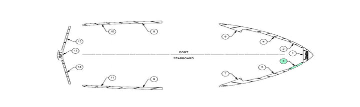 Alt text: Technical schematic for the 2019-2020 Wakesetter 25 LSV deck track layout showing labeled parts for port and starboard sides, and top-down deck views with numerical annotations for component identification.