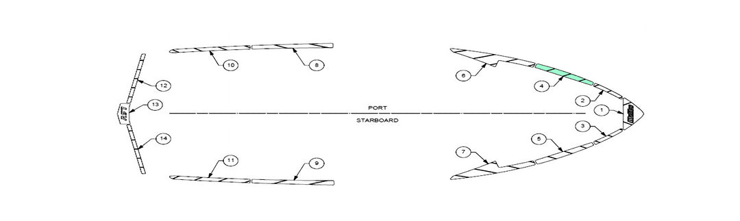 Alt text: Technical diagram of the 2019-2020 Wakesetter 25 LSV deck layout, showcasing port and starboard views with numbered parts and positions clearly marked for component placement.