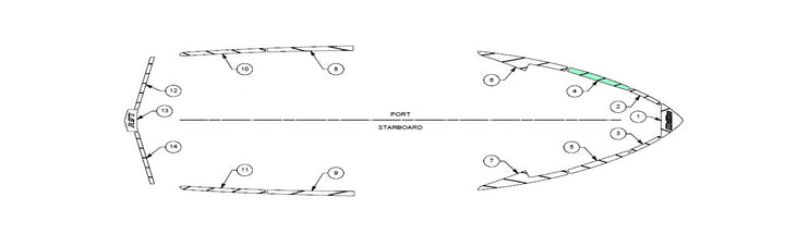 Alt text: Technical diagram of the 2019-2020 Wakesetter 25 LSV deck layout, showcasing port and starboard views with numbered parts and positions clearly marked for component placement.