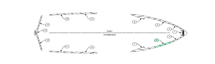 Alt text: "Technical diagram illustrating the deck track placement for the 2019-2020 Wakesetter 25 LSV, showing labeled parts and positions on the port and starboard sides of the boat."