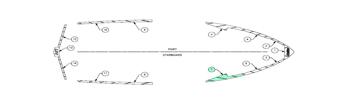 Alt text: Schematic diagram of the 2019-2020 Wakesetter 25 LSV boat deck track, showing port and starboard views with numbered component positions for maintenance or assembly.