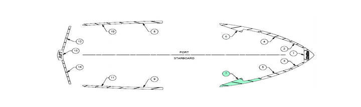 Alt text: Schematic diagram of the 2019-2020 Wakesetter 25 LSV boat deck track, showing port and starboard views with numbered component positions for maintenance or assembly.