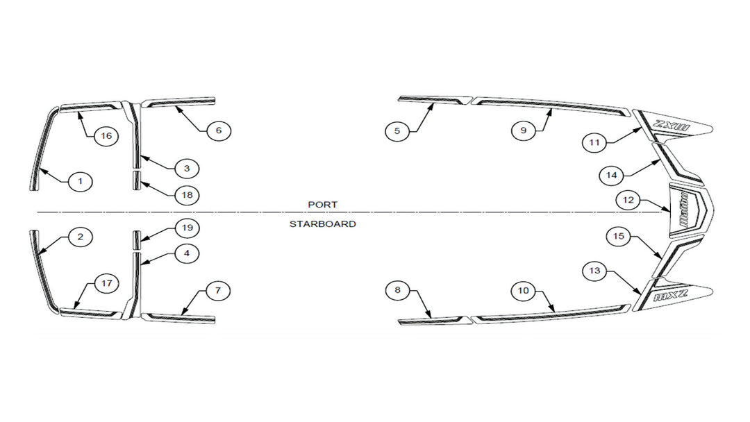 Diagram of the 2023 Wakesetter 23 MXZ Softgrip, showing port and starboard grip placements and part numbers.