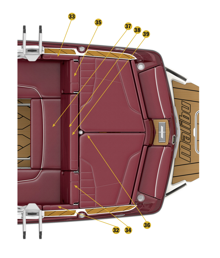 2021 22 LSV boat upholstery layout showing seating arrangement and design details for Malibu boats.