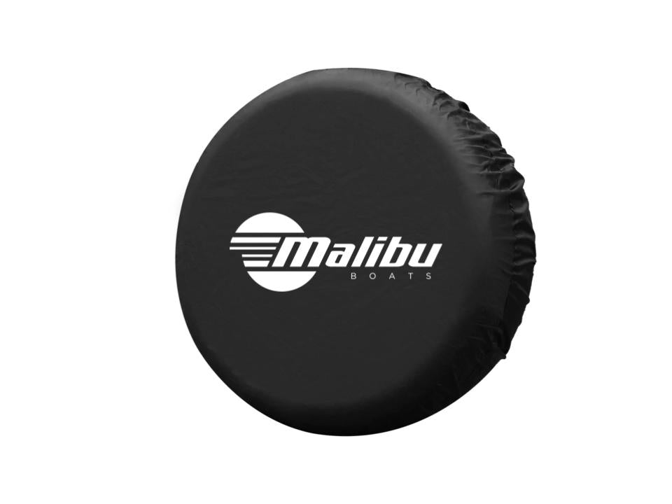 Black Malibu Boats spare tire cover with white Malibu logo, designed to protect and decorate the vehicle&