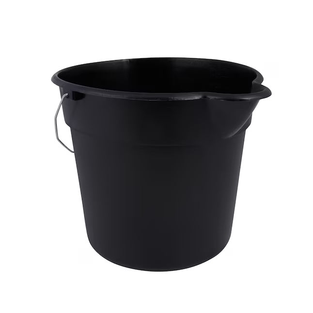 Black detailing bucket with a metal handle, ideal for car cleaning and detailing tasks.