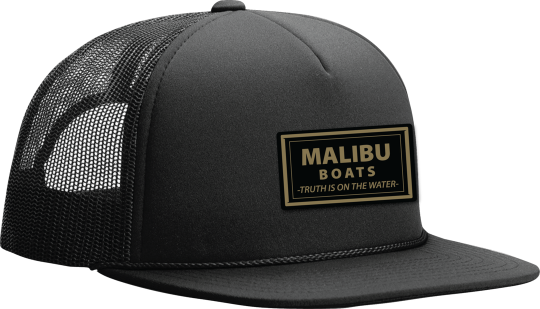 Black Malibu Sessions hat with a mesh back, front patch reading "Malibu Boats - Truth is on the Water," and a flat brim.
